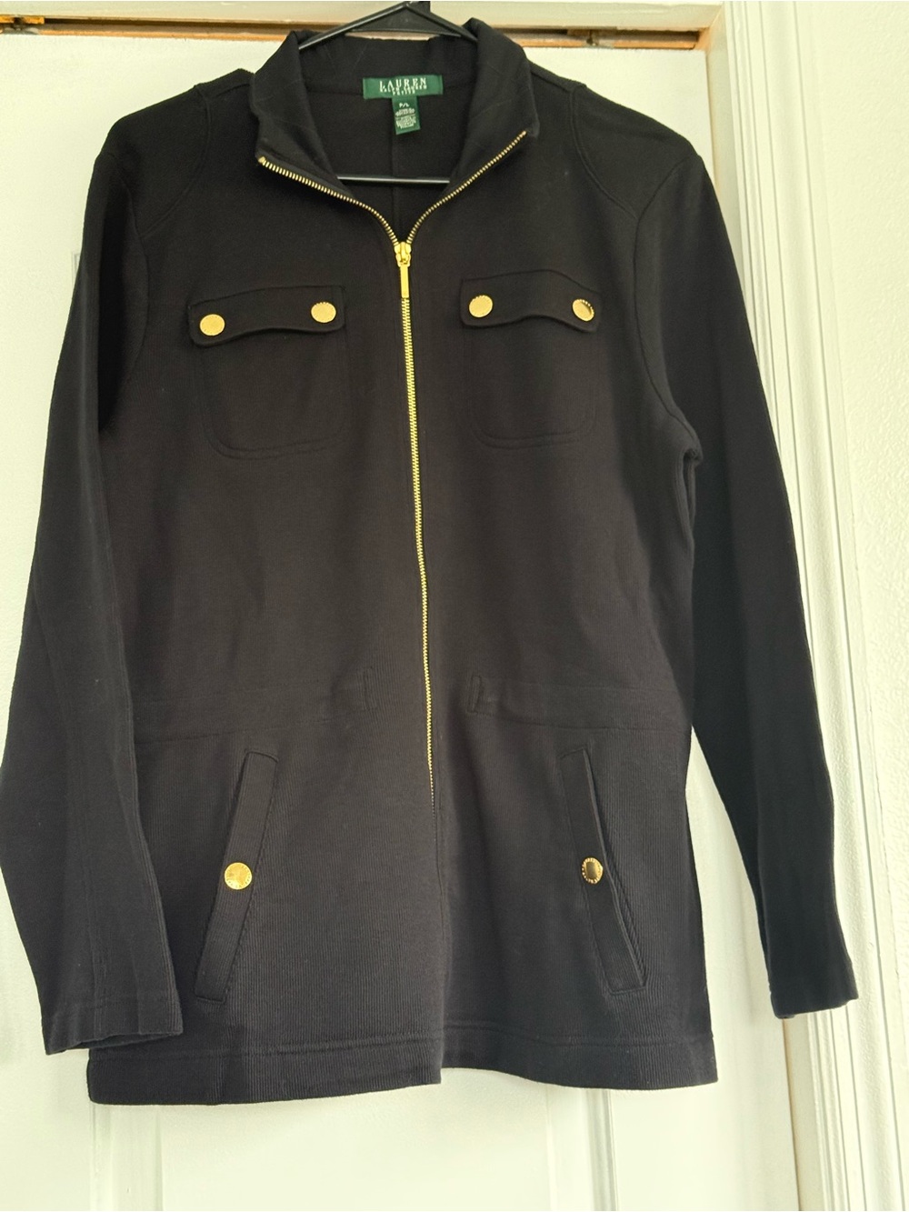 Ralph Lauren Black Zip-Up Utility Jacket with Gold Buttons